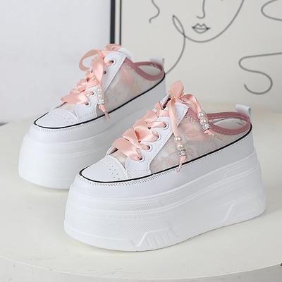 Мода 12 см Слайды Кроссовки Слипоны Кожа из микрофибры Женская Летняя Обувь Тапочки Сандалии на Платформе на Танкетке Мода Воздушная Сетка Блеск