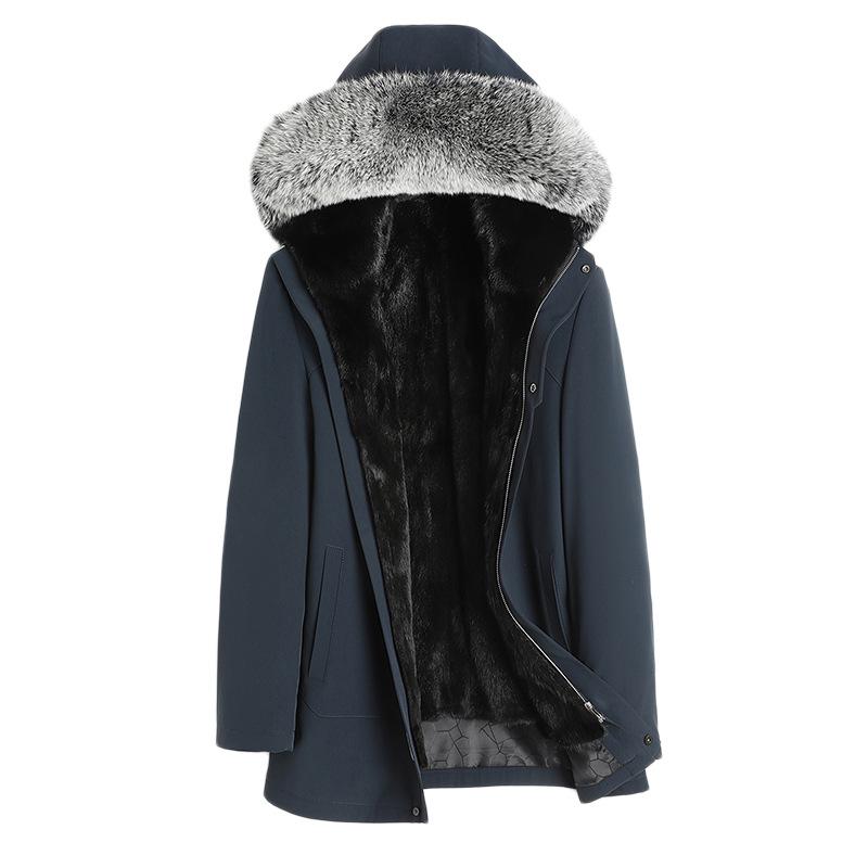 Pie Overcome Men's Mink Liner Ni Overcome Medium and Long Hooded Fur Integrated Haining Fur Mink Coat Winter