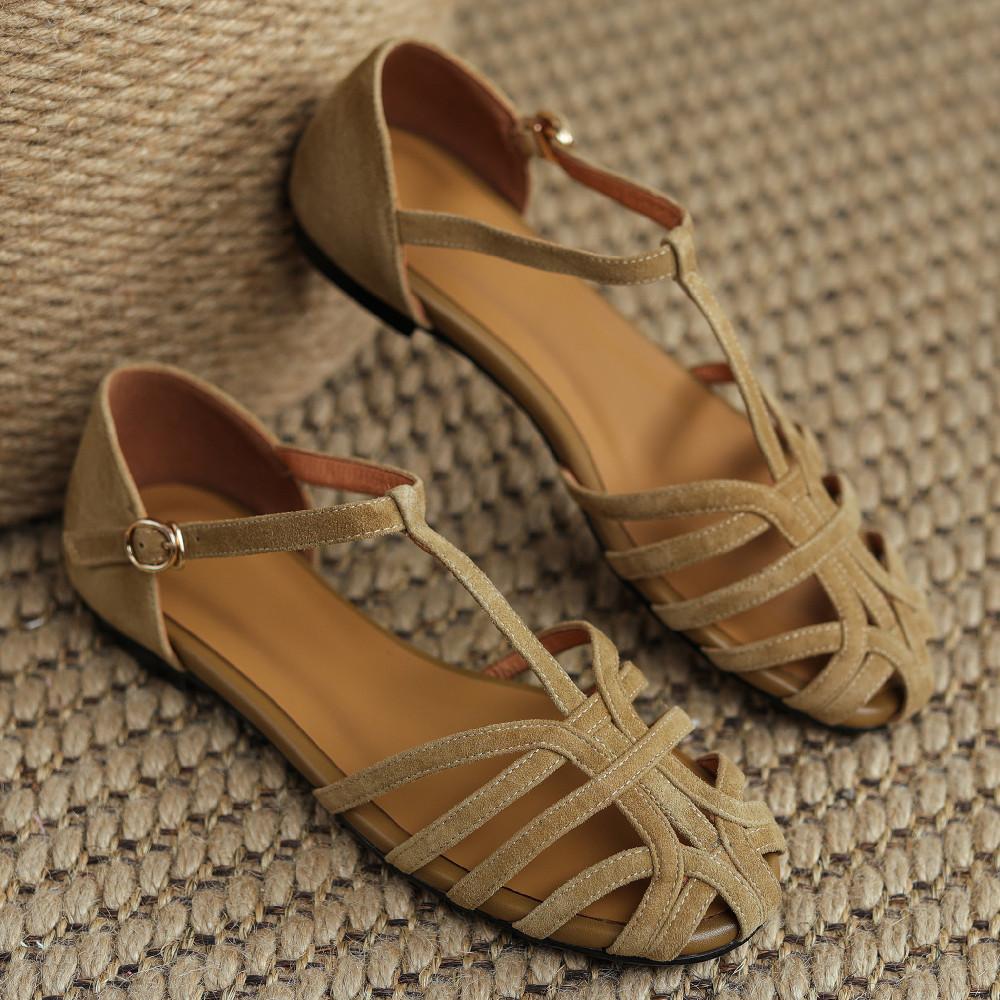 Летние женские кожаные сандалии с узким плетеным Т-образным ремешком на плоской подошве с круглым носком, повседневная женская обувь, женская обувь