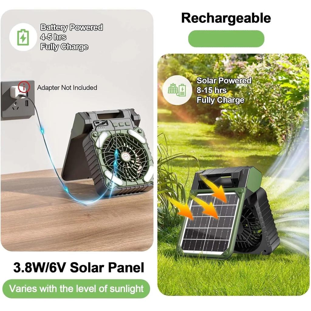 Portable Solar Fans with LED Lantern Rechargeable Powered Camping Folding Fan USB