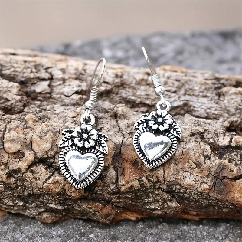 Huitan Vintage Antique Color Flower Heart Design Dangle Earrings for Women Temperament Ear Accessories Aesthetic Jewelry