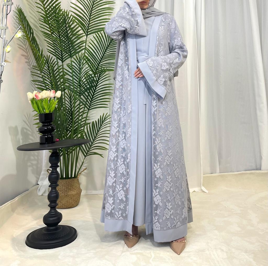 Ramadan Eid Prayer Lace Abaya Two Piece Set Inner Dress Women Flare Sleeve Long Abayas Kaftan Djellaba Dubai Party Vestidos