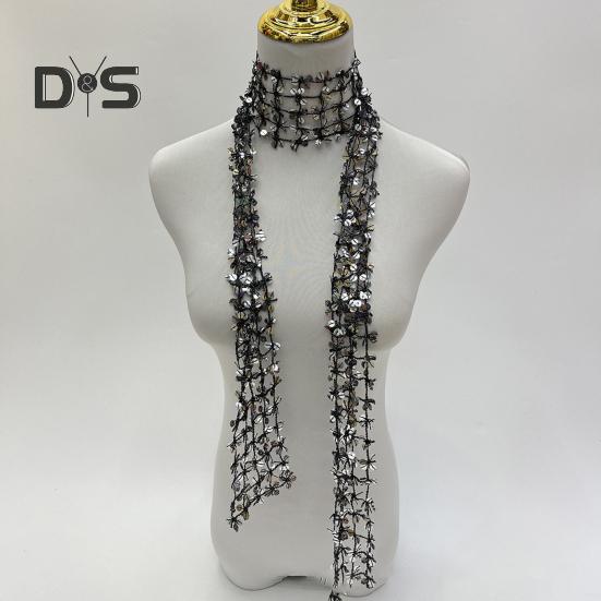 Women Scarf Shiny Sequin Flower Shape Hollow Design Scarf Glitter Embellished Thin Scarf Fashion Accessory