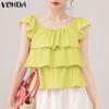 Женские летние блузки с квадратным вырезом и коротким рукавом, многослойные оборки