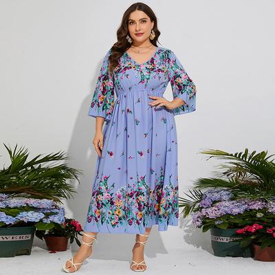 Шифоновое платье больших размеров с цветочным принтом, эластичной талией, расклешенными рукавами и V-образным вырезом, идеально подходит для