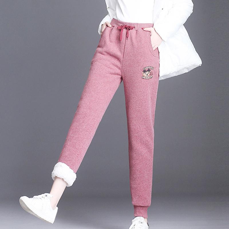 Women Black Grey Plus Size Sweatpants Winter Embroidery Casual Pants Fleece Lined Velvet Warm