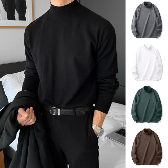 Men Bottoming T-shirt Half-high Collar German Velvet Solid Color Elastic Mid Length Pullover Layering Top for Winter And Fall