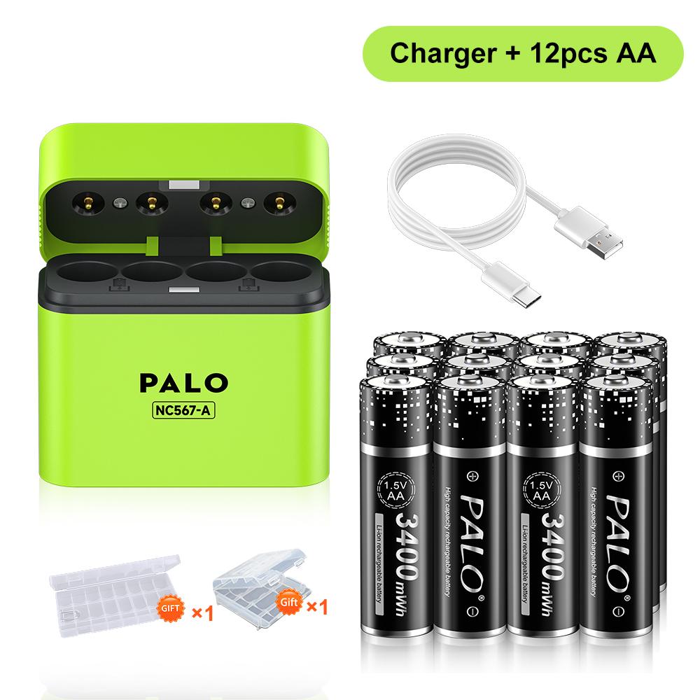 PALO Аккумуляторные литиевые батарейки AA 1,5 В 3400 мВт·ч 1,5 В литий-ионные батарейки AA Интеллектуальный зарядный бокс с дата-кабелем TYPE-C