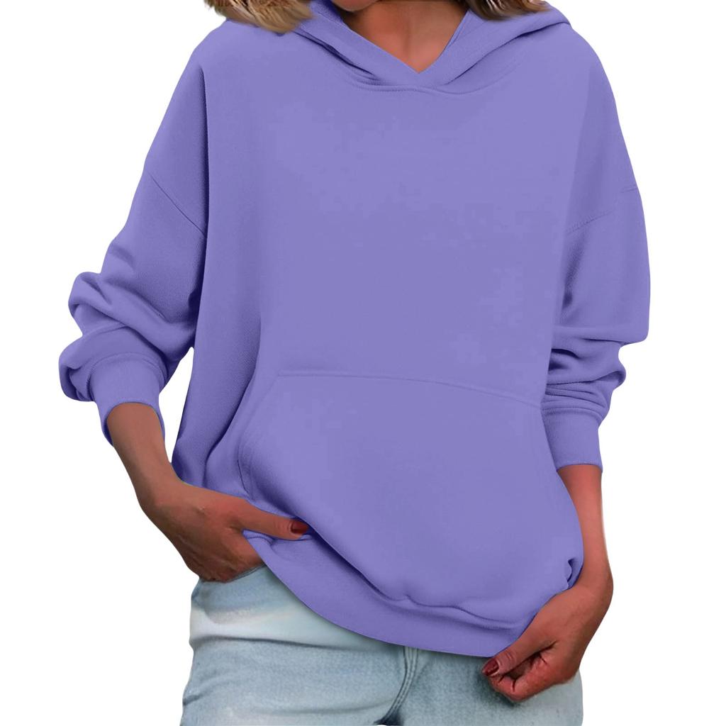 Women's Loose Long Sleeved Solid Color Casual Fleece Pullover Hooded Sweatshirt