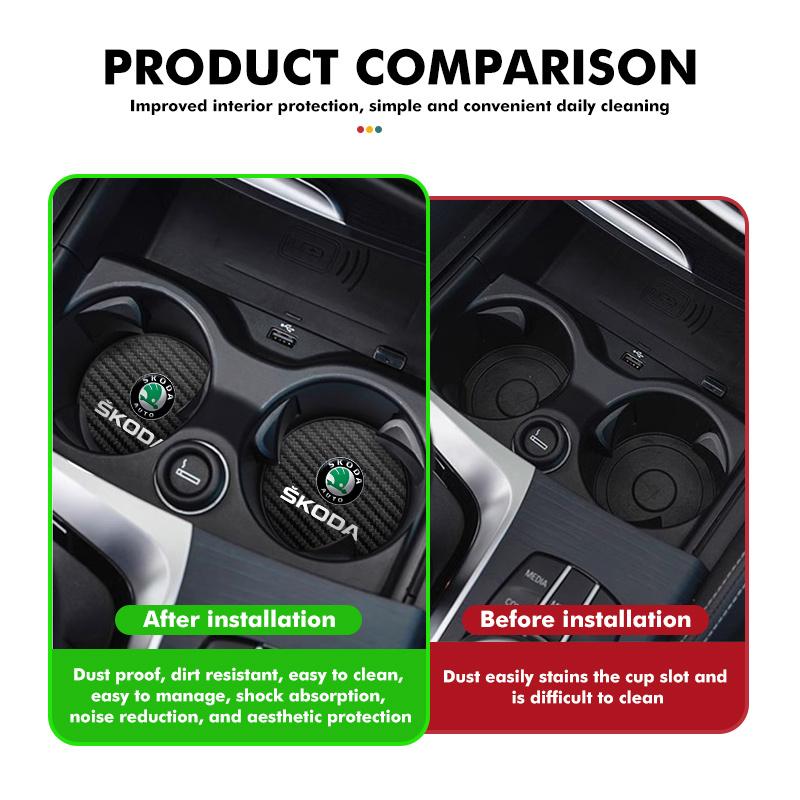 LEDD9 2Pcs Car Carbon Fiber Coaster Anti-Slip Water Cup Drink Mat For Skoda Kamiq Karoq Octavia 2 3 Rapid Scala Kami Fabia VII VRS