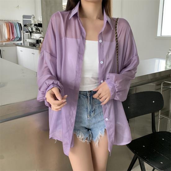 Summer Sun Protection Shirt Lapel Long Sleeve Button Down Shirt Pearlescent Chiffon Sunscreen Jacket Cover-up Outerwear