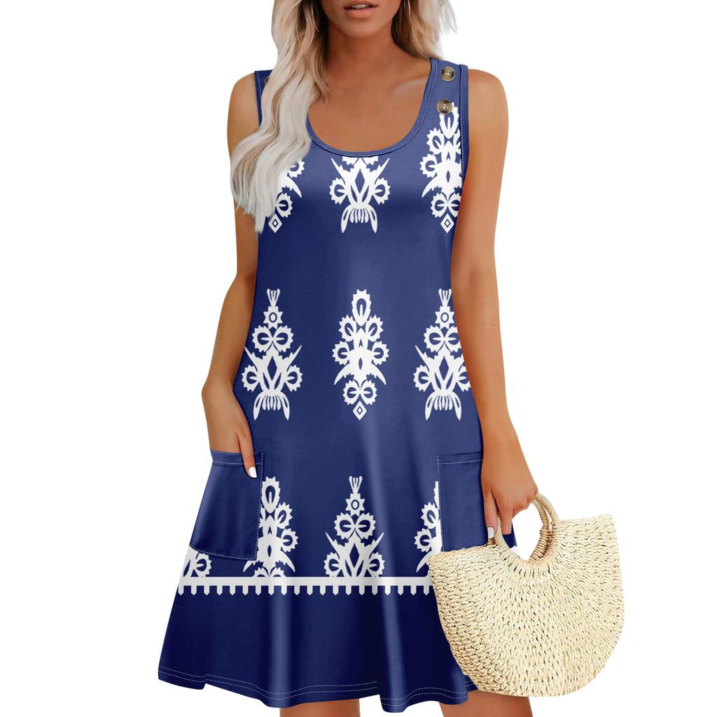 Summer Dresses For Women Beach Boho Sleeveless Printing Flowy Pocket Tshirt Tank Sundresses
