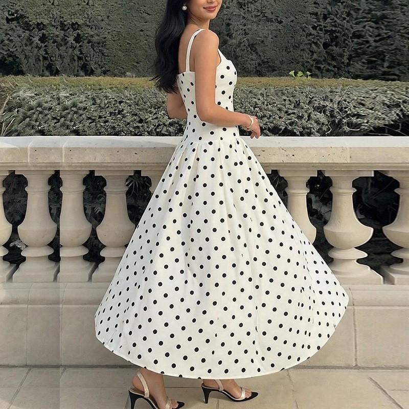 2026 Polka Dot Slip Dress Womens Elegant Vintage Long Casual Loose V Neck Sling