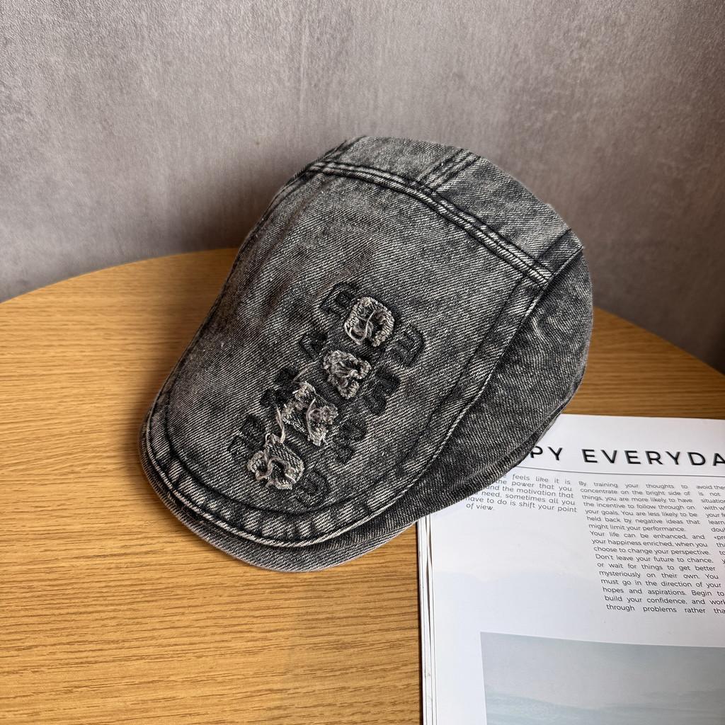 Retro Denim Letter Beret Hat With Wide Brim For Women Streetwear Everyday Use