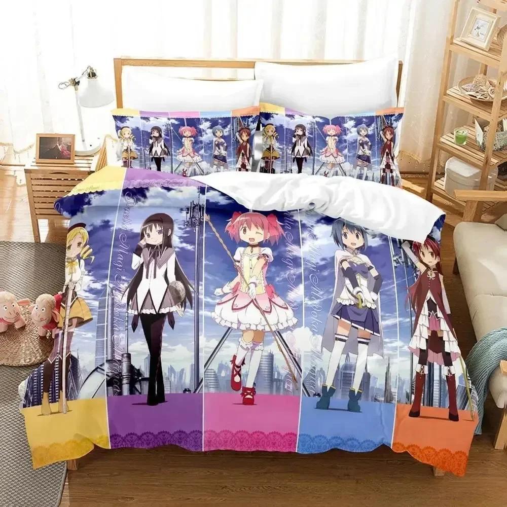 Мультяшный комплект постельного белья Puella Magi Madoka Magica: удобное одеяло, пододеяльник, наволочка. Декор детской комнаты, домашний текстиль.