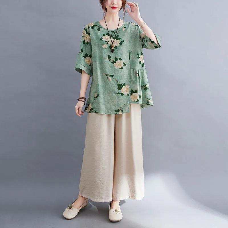 Брючный костюм женский хлопковый льняной повседневный тонкий топ с коротким рукавом удобные брюки комплект из двух предметов