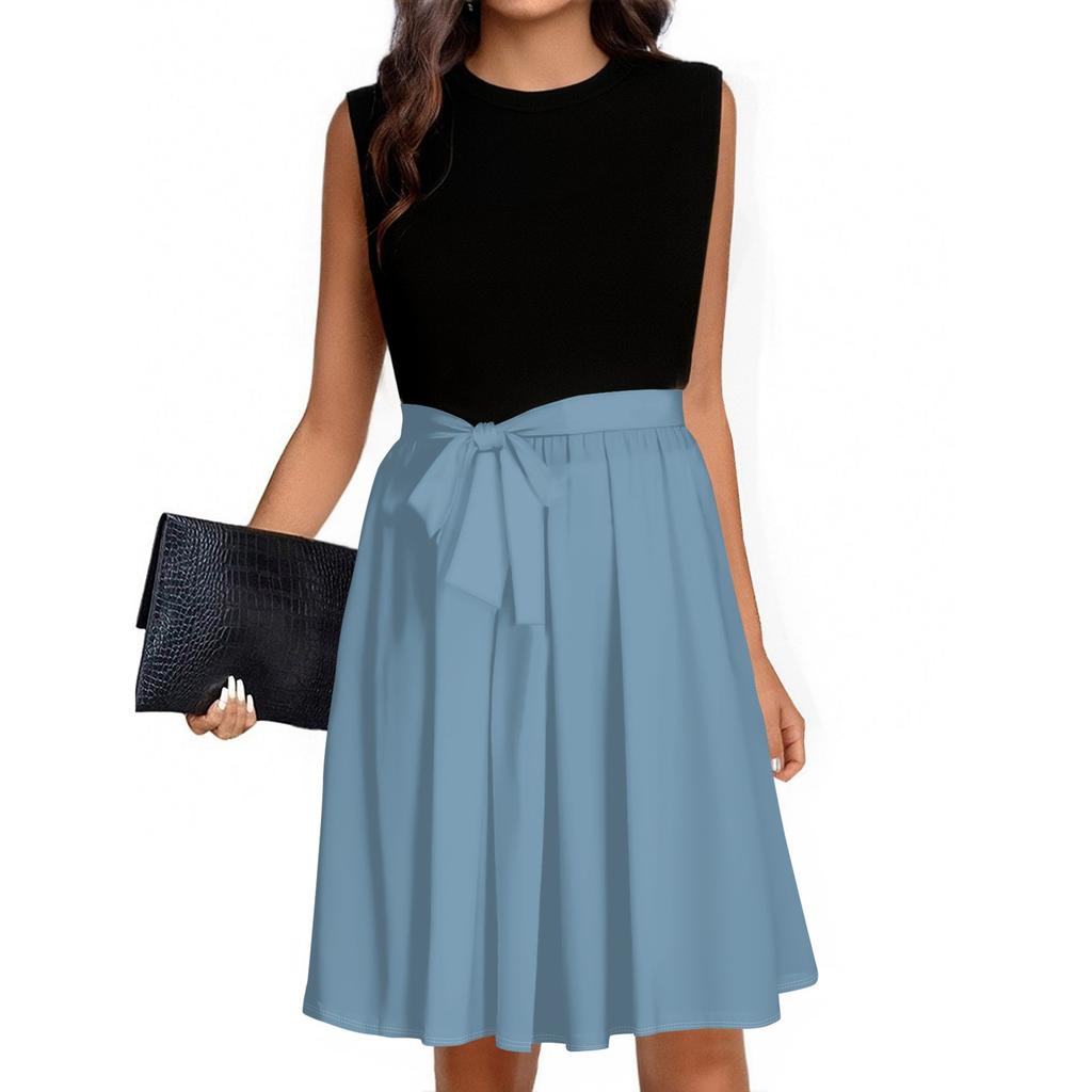 Women's Fashion Casual Lace-up Sleeveless Round Neck Splicing Short Dress