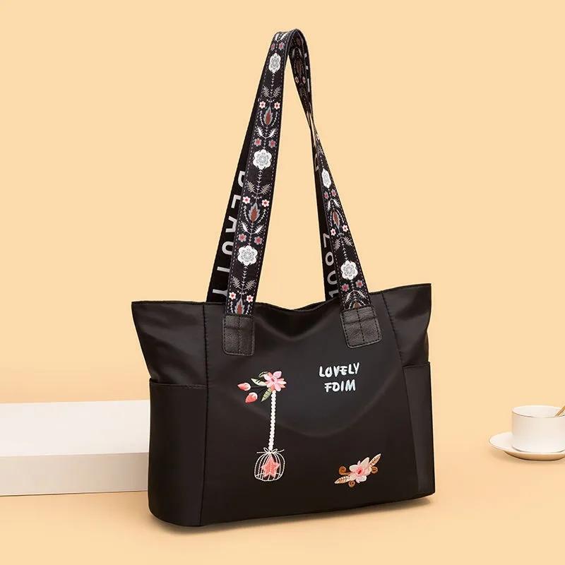 Женская сумка с вышивкой, нейлоновая водонепроницаемая повседневная сумка-тоут, большая вместительная женская сумка на плечо