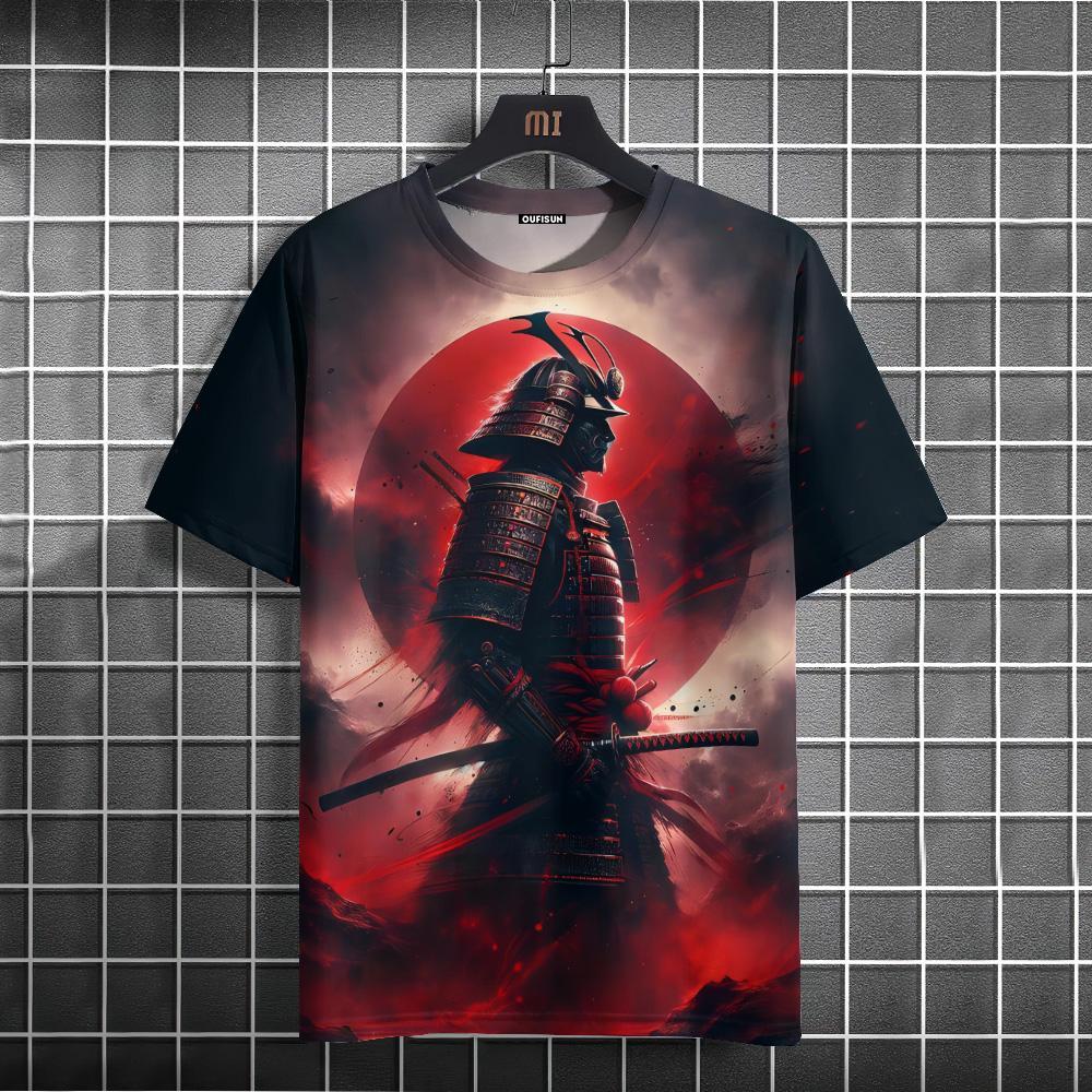 Мужская футболка в японском стиле с рисунком воина, футболки с принтом, повседневные свободные футболки с короткими рукавами, мужская одежда больших размеров, летние топы