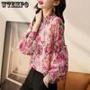 Шифоновая рубашка с оборками по краям и рукавами-фонариками для женщин. Шифоновая рубашка с длинными рукавами и цветочным принтом для женщин на весну и лето.