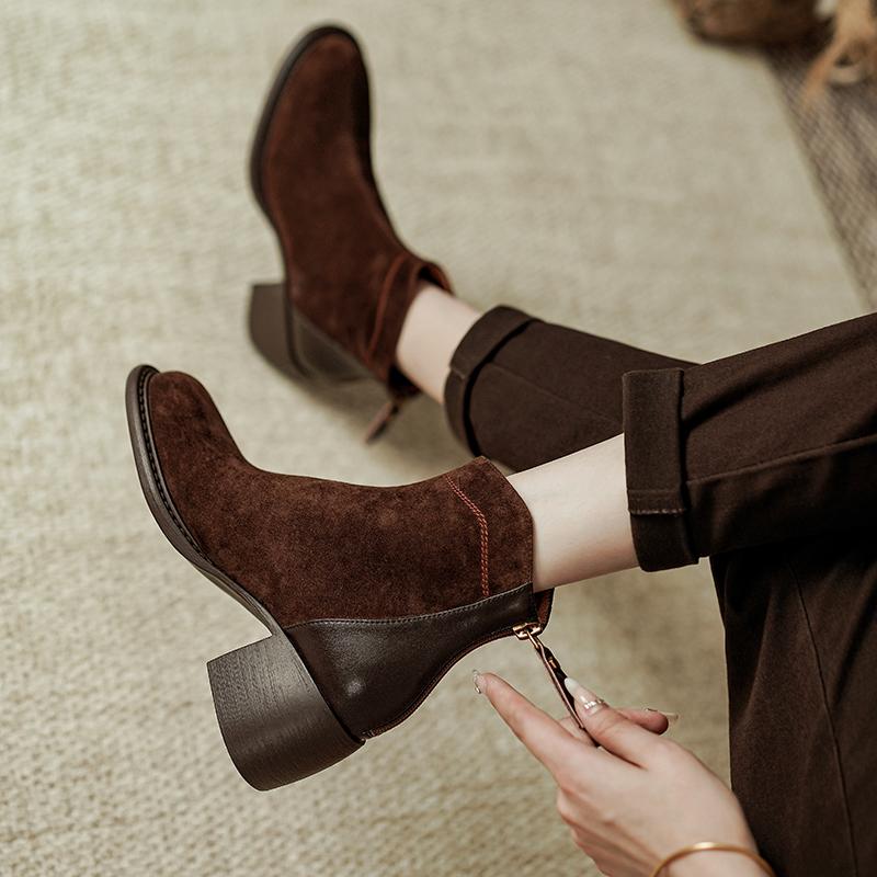 НОВЫЕ осенне-зимние женские сапоги с круглым носком и толстым каблуком, туфли из овечьей замши для женщин, ботильоны в стиле ретро Botas De Mujer