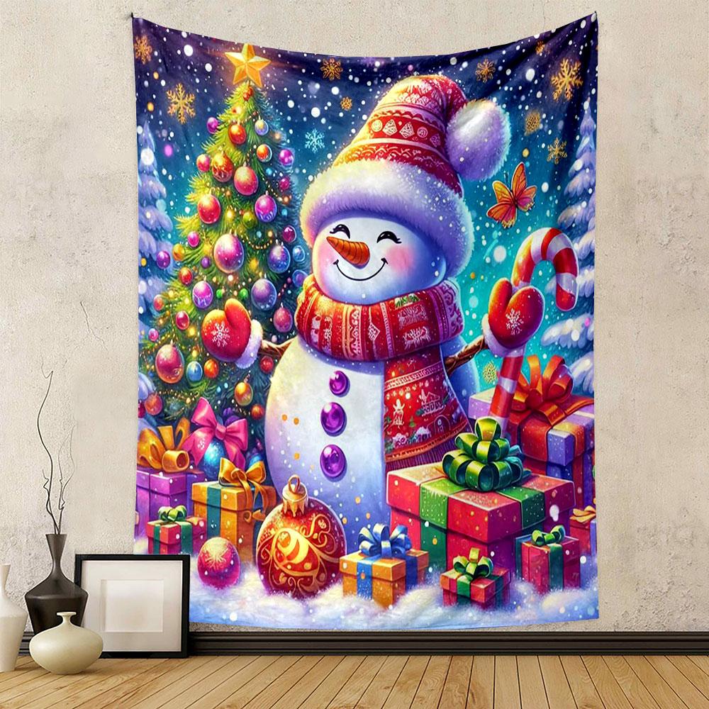 Festive Snowman with Christmas Tree Joy Patterned Tapestry Decorative Wall Hanging, Home Bedroom Living Room Decor