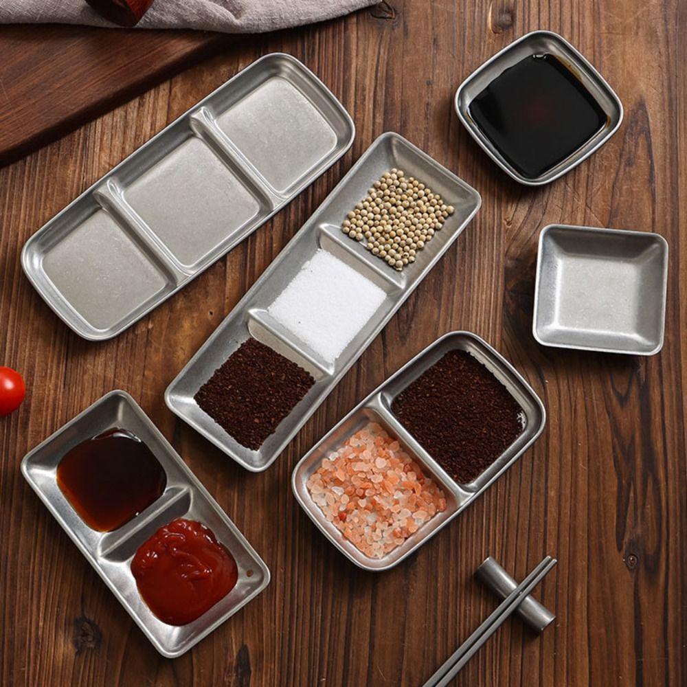 2Pcs Stainless Steel Korean Sauce Dish Irregular Shape Industrial Style Condiment Dish Vintage Separated Seasoning Tray BBQ