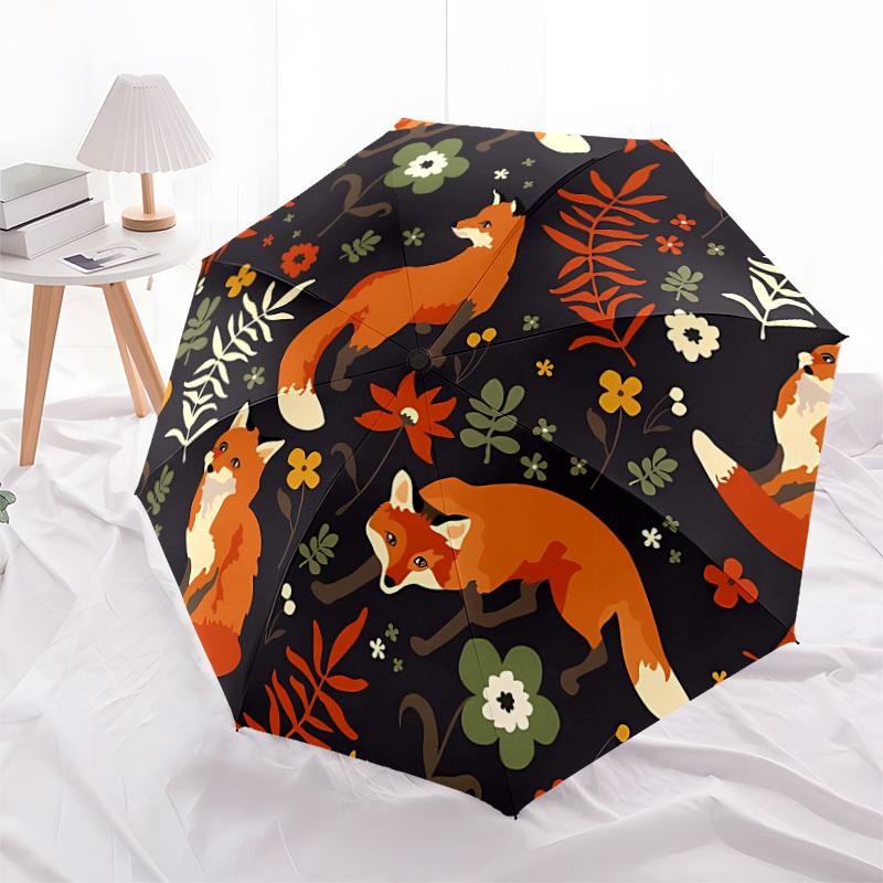 1pc Foxes, Floral Pattern Auto Umbrella Durable Iron Frame & Plastic Handle, Gift for Men & Women, Sturdy Construction y250905181