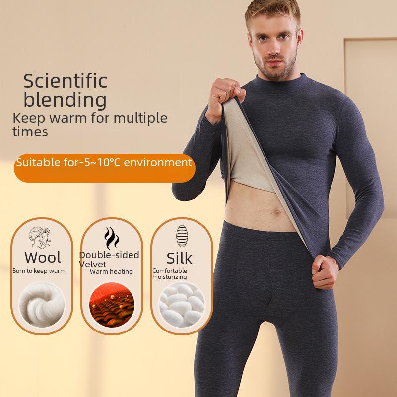 Men's Thermal Cashmere Silk Velvet Half-Turtleneck Suit for Winter Warmth