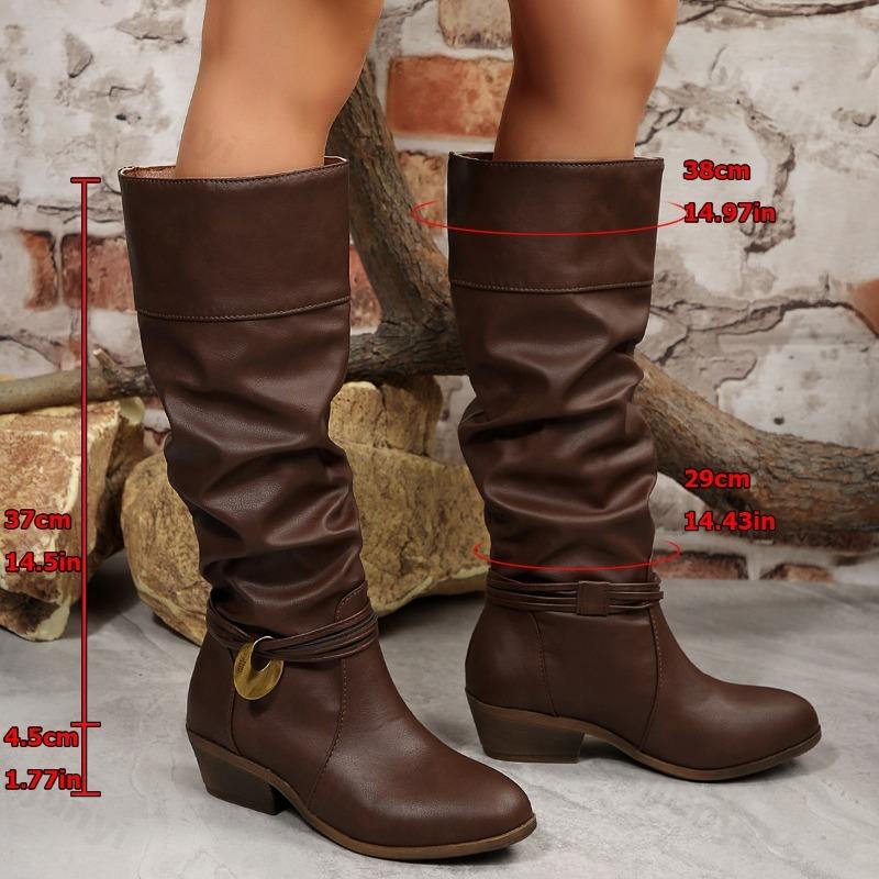 Женские Винтажные Коричневые Длинные Западные Ковбойские Сапоги 2026 Зимний Комфорт Толстый Каблук До Колена Черные Сапоги Металлическая Пряжка Большой Размер 36-43