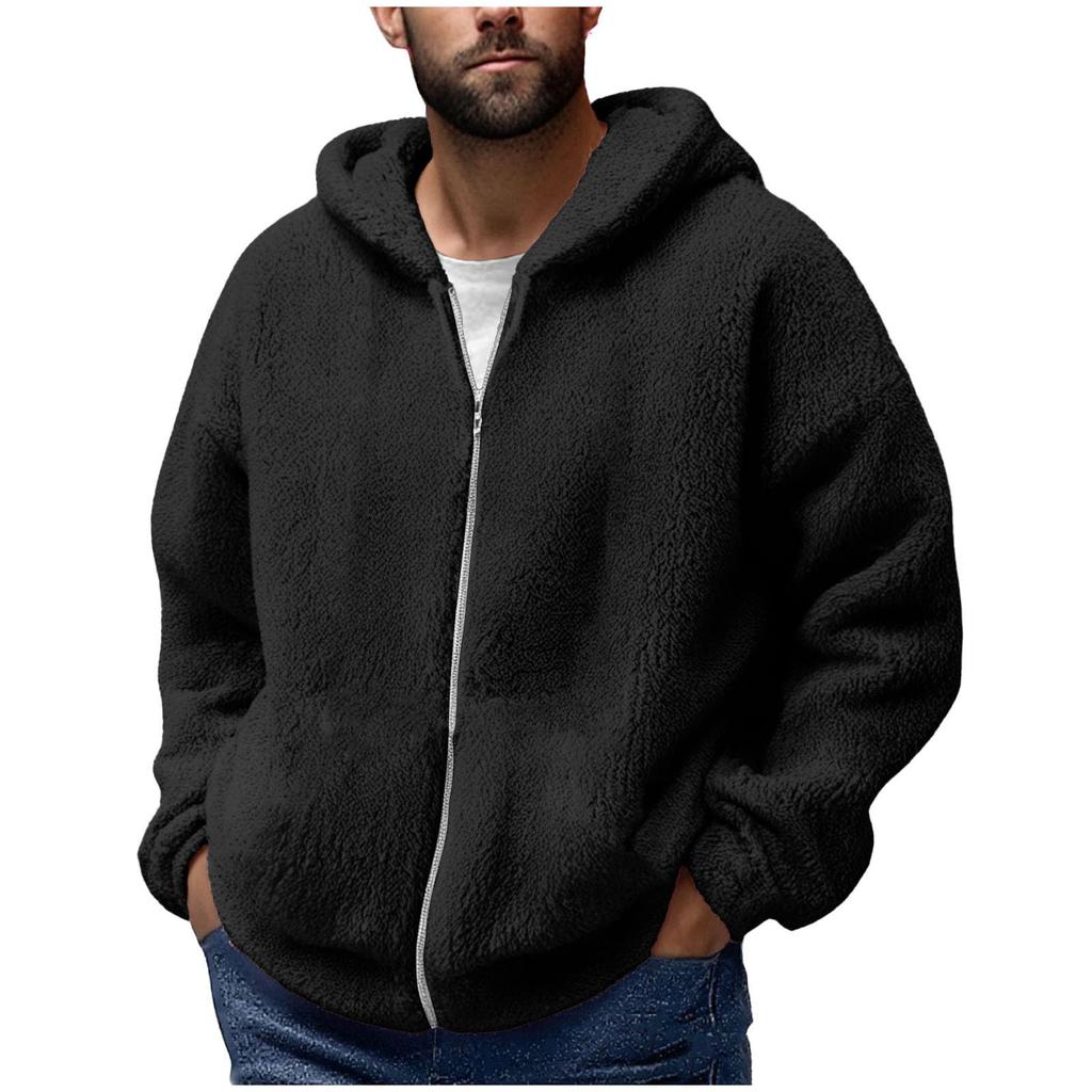 Men'S Winter Zipper Hooded Fleece Sweatshirt With Patch Pocket Casual Jacket