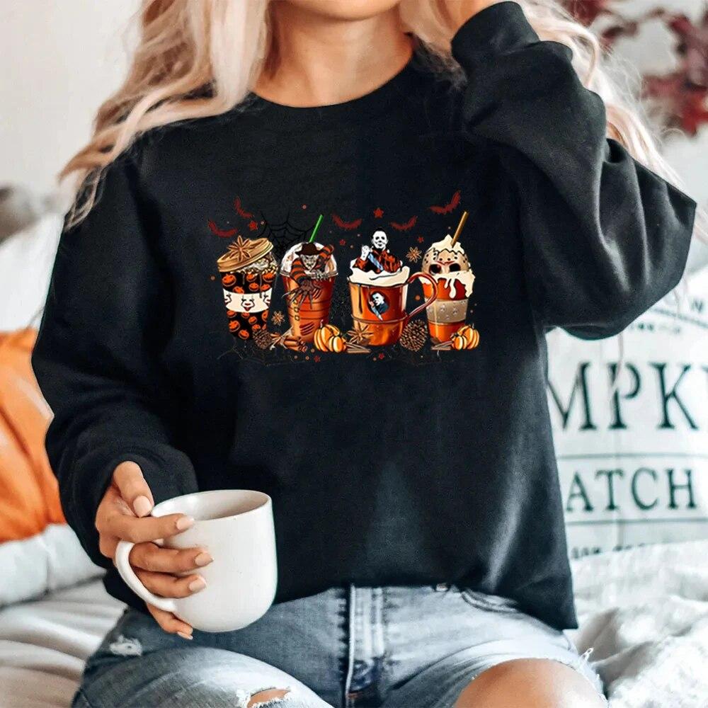 Скелет Кофейные чашки Толстовка Хэллоуин Ужас Кофе Толстовка Толстовка в стиле фильма ужасов Свитер с круглым вырезом на Хэллоуин Толстовка унисекс