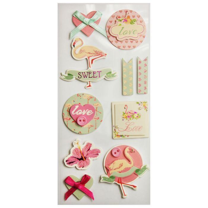Glitter Embossed Stickers - Flamingo &; Love