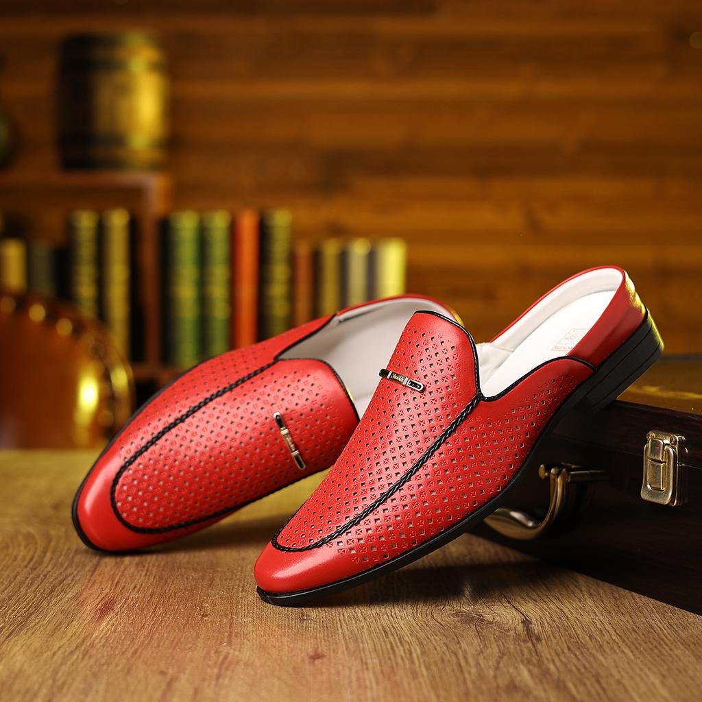 New Men's Blue Yellow Red Half Slippers Leather Shoes Male Casual Mules Moccasins Breathable Loafers Zapatos Hombre