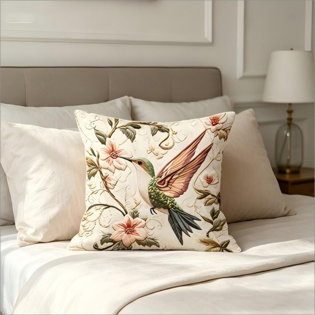 Hummingbird Floral Pillow Cover 2D Print Cushion Case Boho Vintage Home Decor Gift