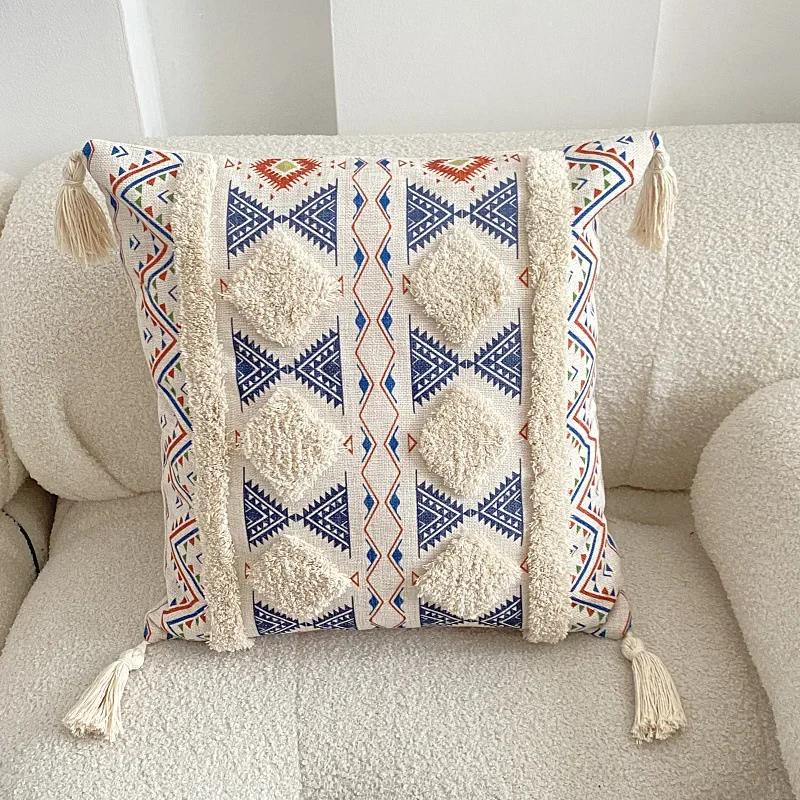 45x45cm Boho Tufted Throw Pillow Cover with Handwoven Stripes Tribal Bohemian Cotton Hand Woven Tufted Square Cushion Covers
