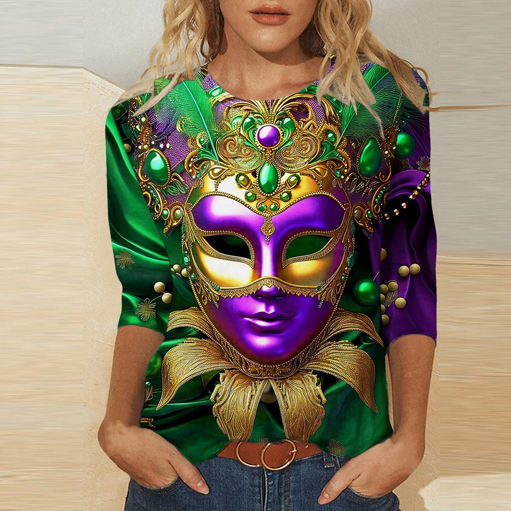 Round Neck 3D Mask Printed Top Fashionable Casual Long Sleeved Women's T-shirts
