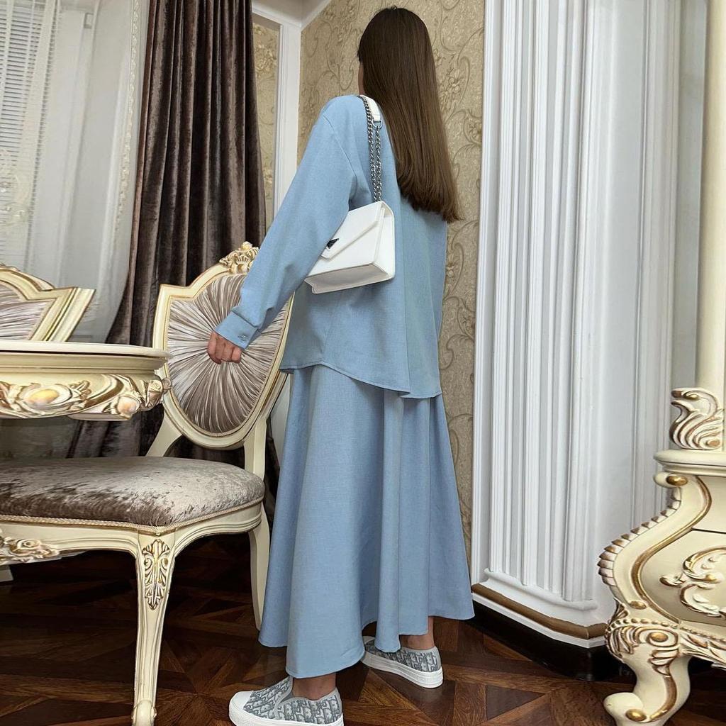 2024 Европейский и американский весенний женский повседневный комплект с рубашкой с длинным рукавом и юбкой миди