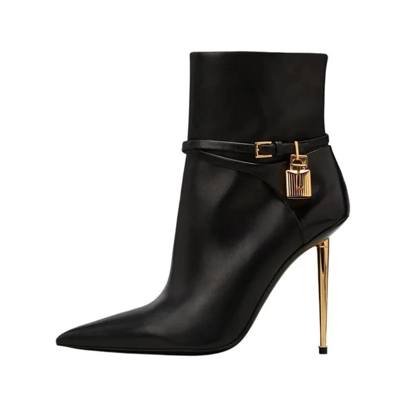 Fashion Women Sexy Metal Lock Decorate Ankle Boots Autumn Winter New Gold High Heel Pointed Belt Buckle Fashion Long Boots Size 34-43