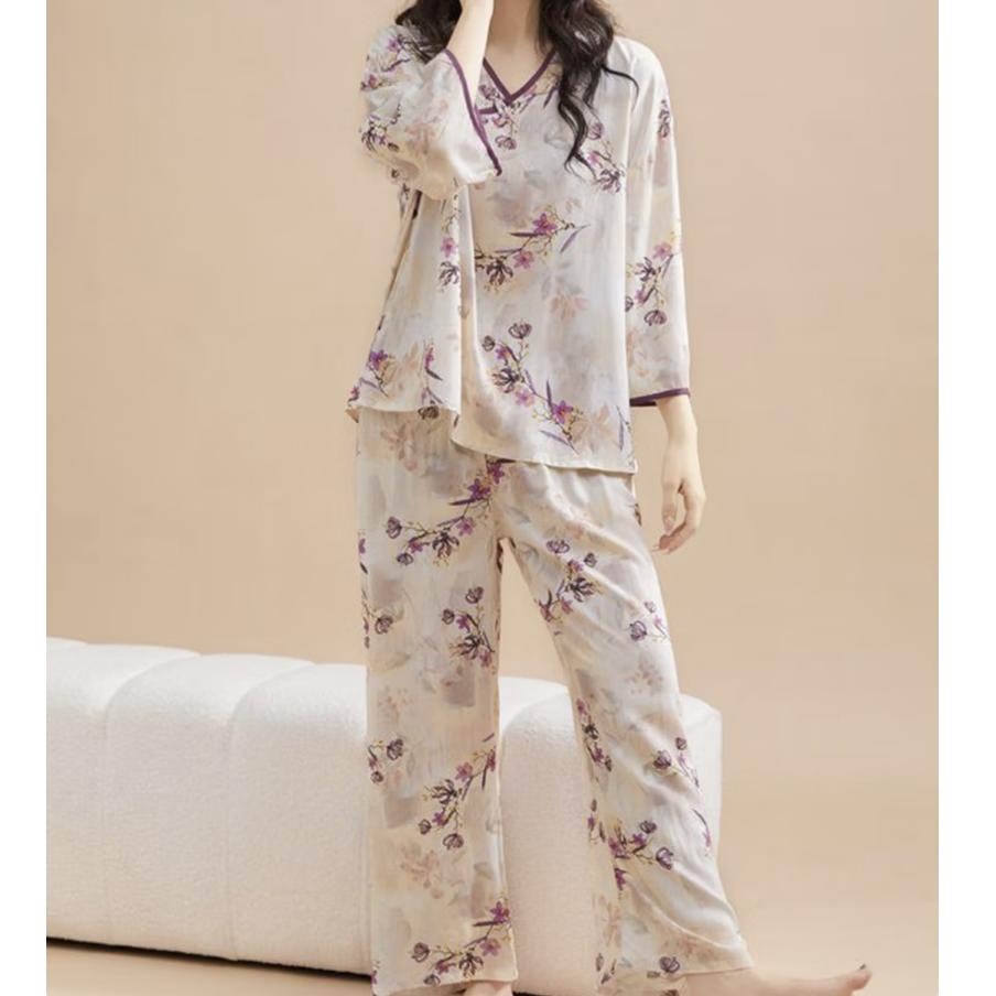 GUJIN Chinese Style Seven-Point Sleeve Pajamas for Women Spring Summer New Mulberry Silk Sleep Pants with Frog Buttons Plus Size Loungewear Set