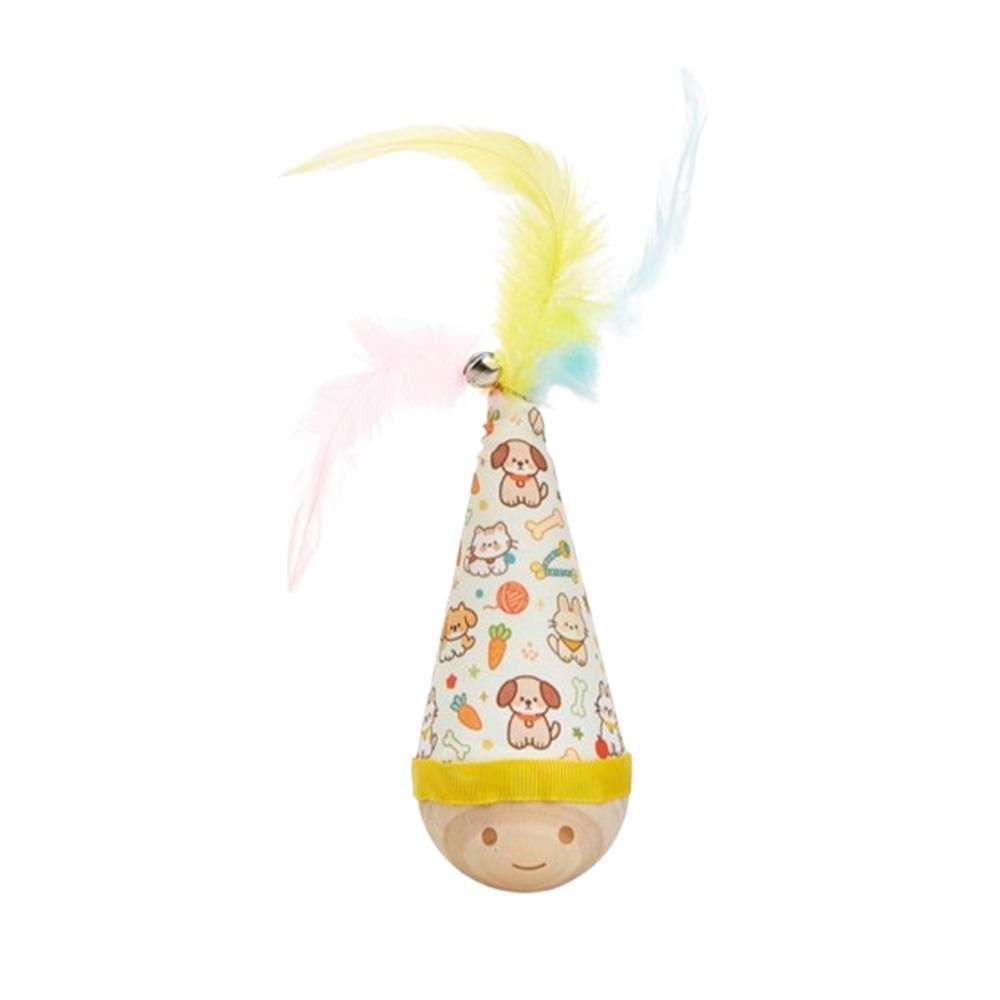 Colorful Feather Cat Tumbler Toy Wooden Base Dynamic Shaking Self Play Cat Entertainment Toy Cartoon Pattern Bite Resistant