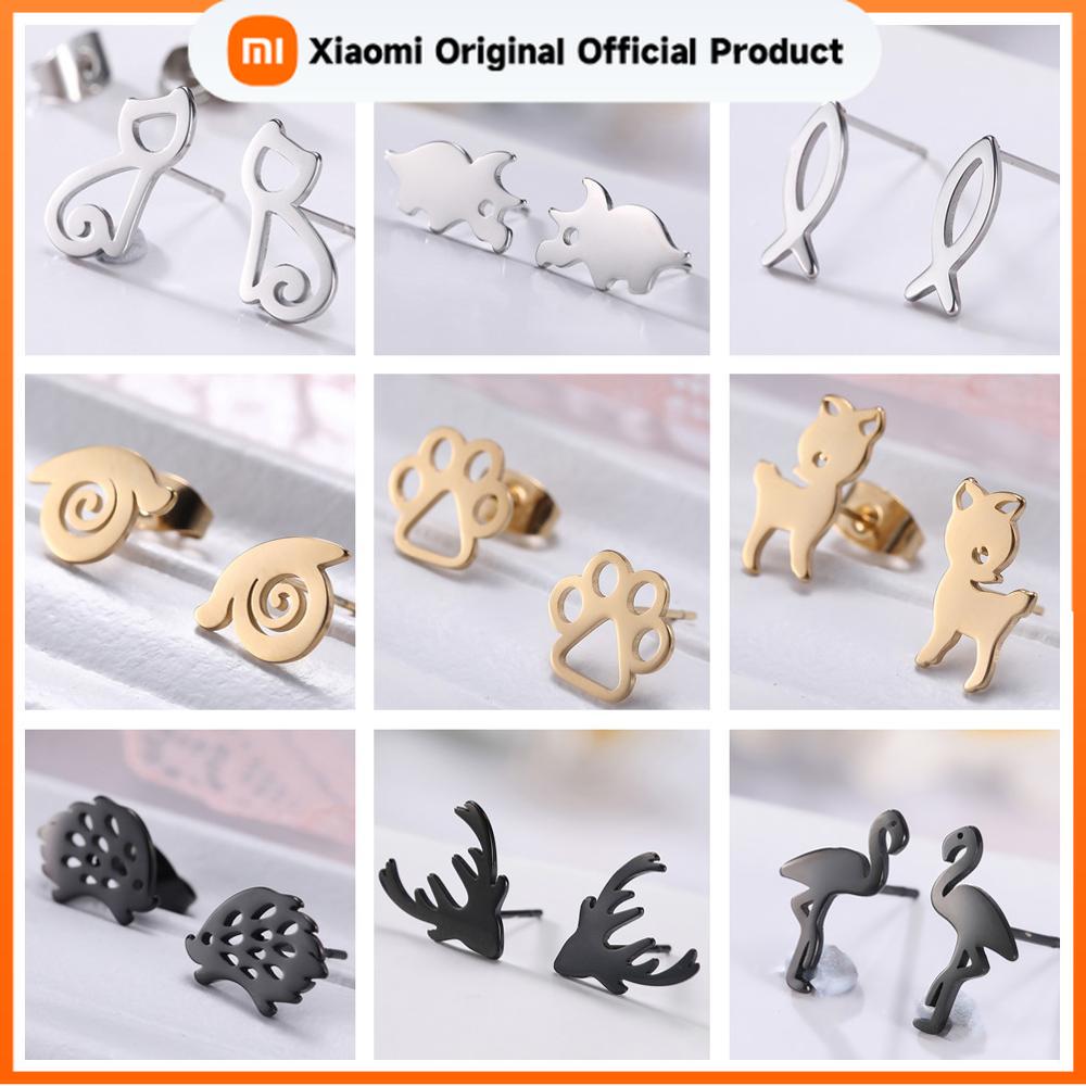 Xiaomi Skyrim Cute Animal Stud Earrings Flamingo Hedgehog Deer Chihuahua Rhinoceros Cat Fish Dog Paw Black Stainless Steel Earring Gift
