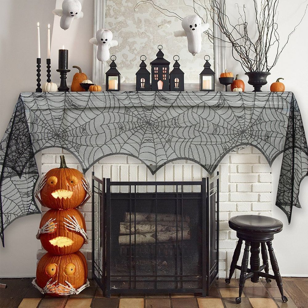 Fireplace Mantel Cobweb Tablecloth Lace Fireplace Mantle Cover Fashion Bat Table Runner Halloween
