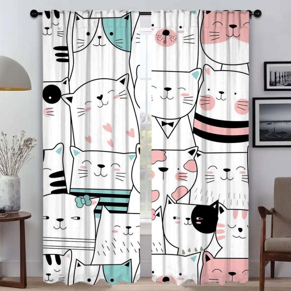 Cute Illustration Blackout Curtains for Living Room Window Curtain Shades Partition Tulle for Bedroom Curtains 2 Pieces Kitchen