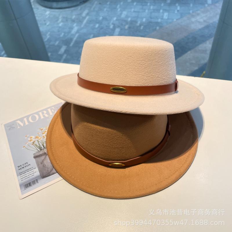 White French British autumn and winter alphabet woolen top hat female elegant foreign style flat top flat brim felt hat female casual versatile