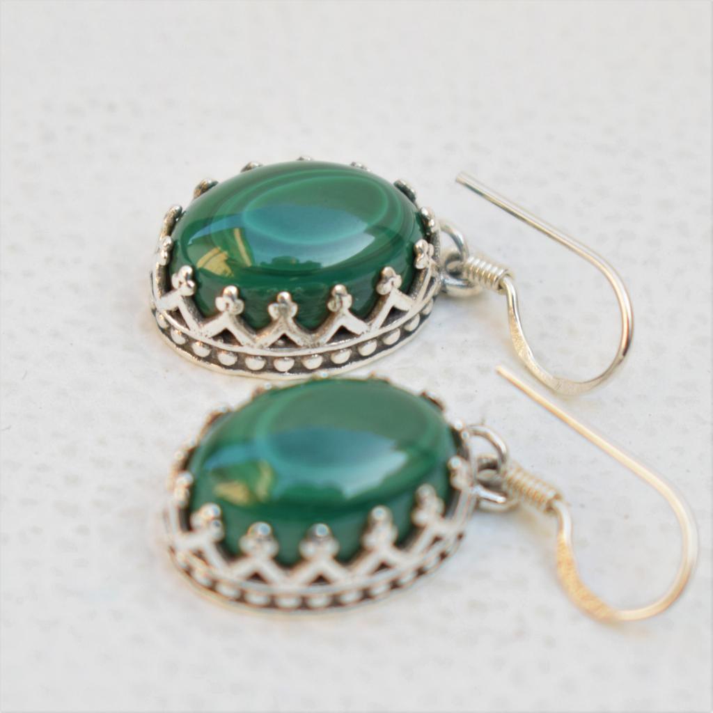 Handmade Oval Malachite Earrings: 925 Sterling Silver Crown Setting Earring