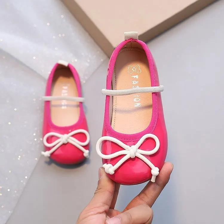 Kids Leather Shoes 2024 Spring/Autumn Girls Flats with Simple Lacing Bow Round Toe Soft Sole Colored Princess Shoes for Show