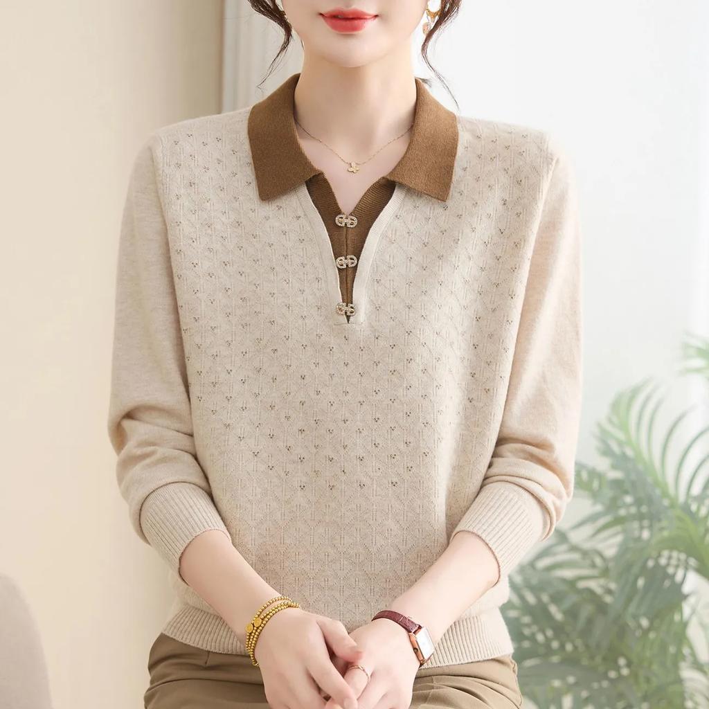 Осенний модный трикотажный свитер с длинным рукавом для пожилых женщин среднего возраста, базовый, с темпераментом, повседневный, с лацканами