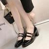 2024 Spring Autumn Women Double Buckle Mary Janes Shoes Patent Leather Dress Square Head Square Heel Solid Color Women's Shoes