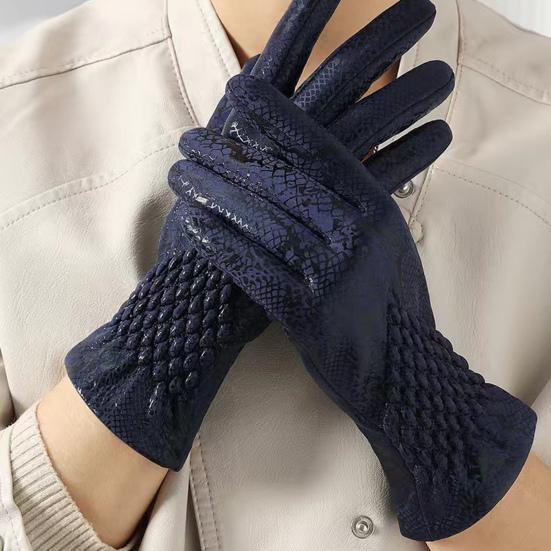 1 Pair Women Cycling Gloves Autumn Winter Windproof Elastic Faux Snakeskin Touchscreen Anti-slip Thermal Cold Weather Full Finger Riding Gloves